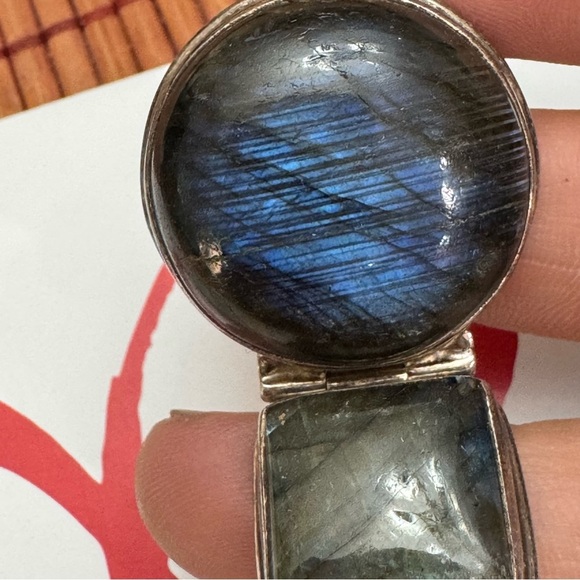 Vintage Sterling Silver 925 Labradorite Gemstone Stone 1970's Modernist Clip - Picture 8 of 13
